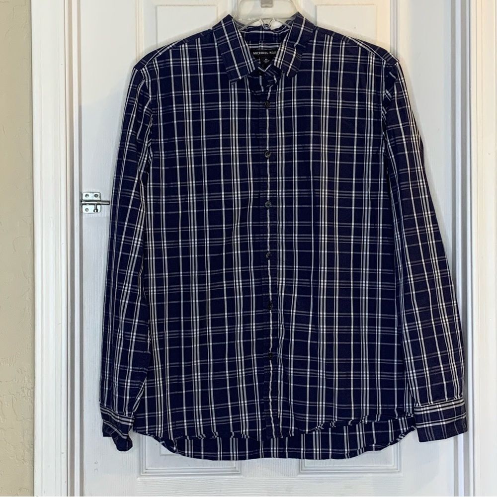 Michael Kors Blue Plaid Button Down Shirt Size XL